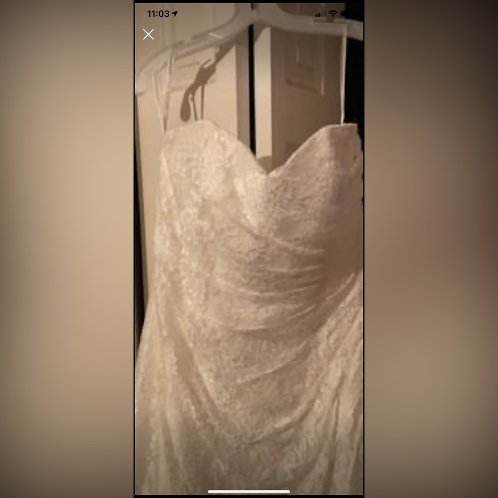 Wedding gown, worn once, size 16, David’s bridal, white lace